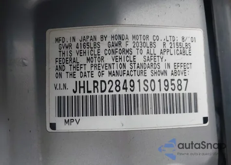 2001 Honda Cr-V Lx from USA, damaged, VIN JHLRD28491S019587